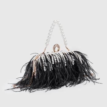 stylish new feather decor lock buckle pearl chain crossbody handbag