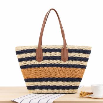 stylish new contrast color stripe high-capacity beach straw shoulder bag