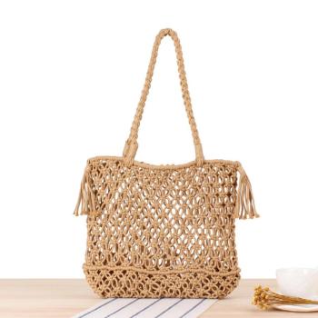 stylish new solid color weave tassels decor beach straw bag
