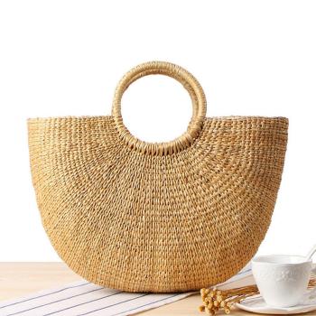 stylish new solid color weave drawstring beach straw handbag