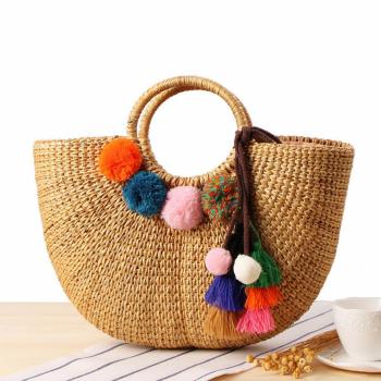 stylish new fur ball decor weave drawstring beach straw handbag