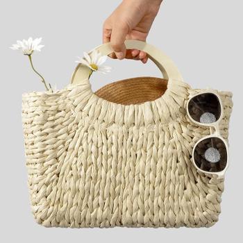 stylish new solid color weave drawstring beach straw bag