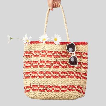 stylish new contrast color weave open design beach straw shoulder bag