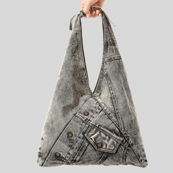 stylish new washed denim magnetic button high-capacity handbag