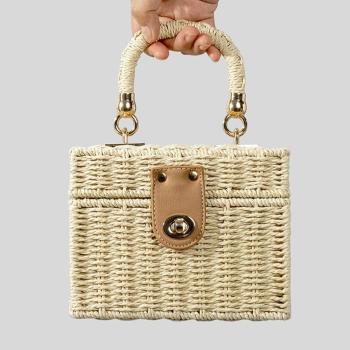 stylish new solid color box shape lock buckle weave straw beach handbag