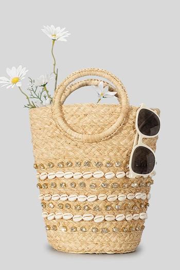 stylish new rhinestone shell decor weave beach straw bag