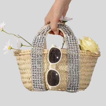 stylish new rhinestone decor weave beach straw handbag