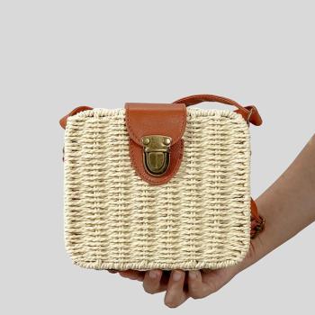 stylish new box shape lock buckle weave beach straw crossbody bag
