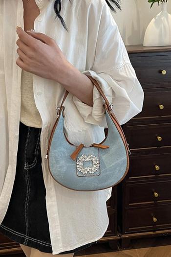 stylish new 5 colors denim stitching pu rhinestone decor zip-up shoulder bag