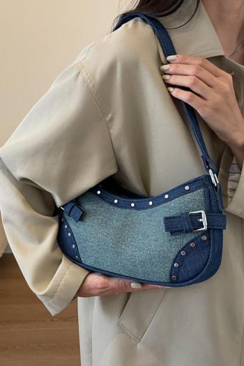stylish new contrast color denim rivet decor zip-up shoulder bag