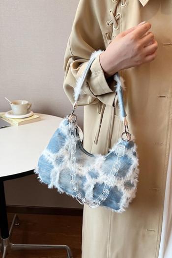 stylish new denim plush decor zip-up shoulder bag