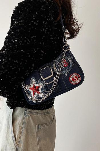 stylish new sequin pentagram decor denim magnetic button shoulder bag