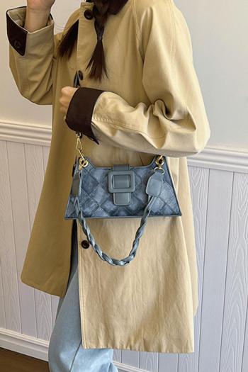 stylish new denim lattice pu magnetic button zip-up shoulder bag