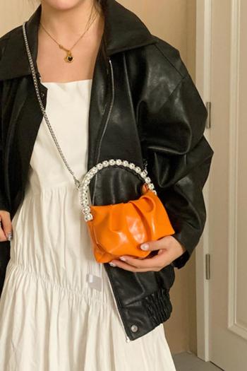 stylish new 6 colors shirring pu rhinestone handle zip-up crossbody handbag