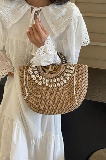 stylish new shell decor weave straw drawstring beach handbag