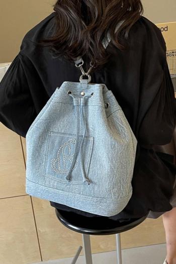 stylish new rhinestone decor denim drawstring backpack