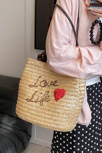 stylish new letter embroidery weave straw magnetic button beach shoulder bag