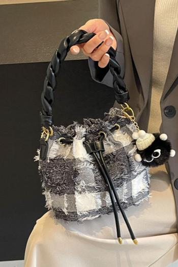 stylish new lattice rough edges with pendant drawstring crossbody handbag
