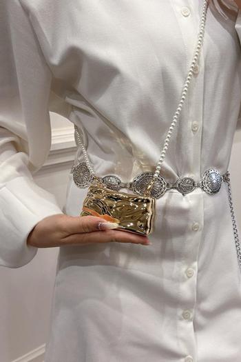stylish new ice cracks metal pearl chain crossbody mini handbag