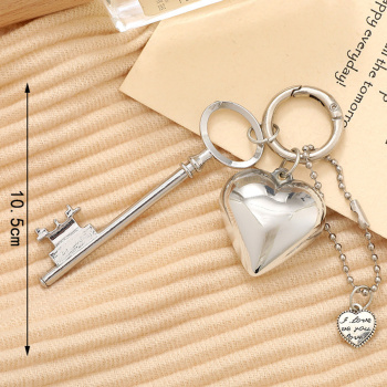 one pc minimalist style plated heart & key bag charm key chains (length:10.5 cm)
