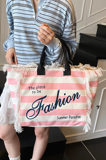 stylish new letter stripe printing tassels decor high-capacity tote bag