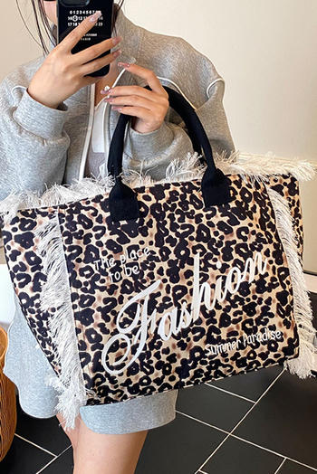 stylish new letter leopard printing tassels decor high-capacity tote bag