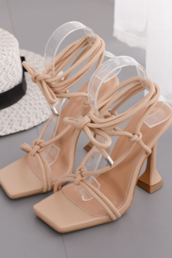New solid color peep toe stylish bandage square high-heel sandals (Heel height:10.5CM)