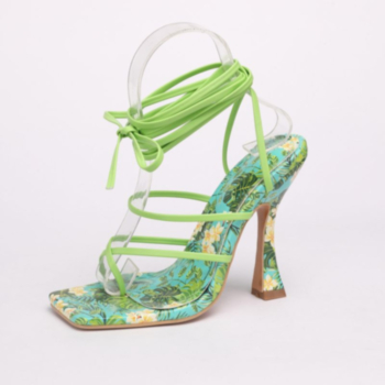 Summer new flowers batch printing square lace-up stylish high-heel sandals (Heel height:10CM)