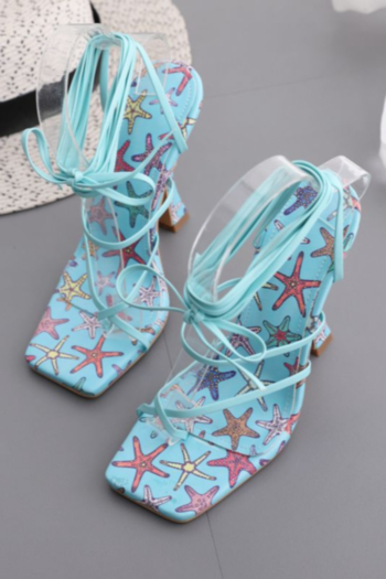 Summer new starfish batch printing square lace-up stylish high-heel sandals (Heel height:10CM)