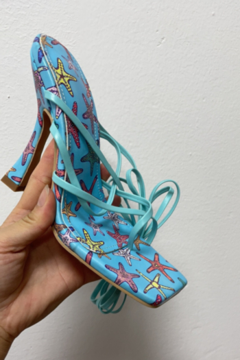 Summer new starfish batch printing square lace-up stylish high-heel sandals (Heel height:10CM)