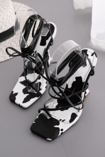 Summer new cow pattern printing square lace-up stylish high-heel sandals (Heel height:10CM)