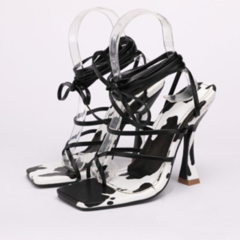 Summer new cow pattern printing square lace-up stylish high-heel sandals (Heel height:10CM)
