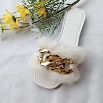 Autumn new three color peep toe gold chain plush design stylish slippers