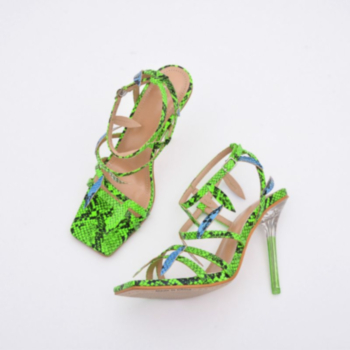 Snake printing adjustable buckle leaf decor square peep toe transparent high-heel stylish sandals (Heel height:10.5CM)