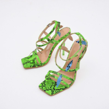 Snake printing adjustable buckle leaf decor square peep toe transparent high-heel stylish sandals (Heel height:10.5CM)