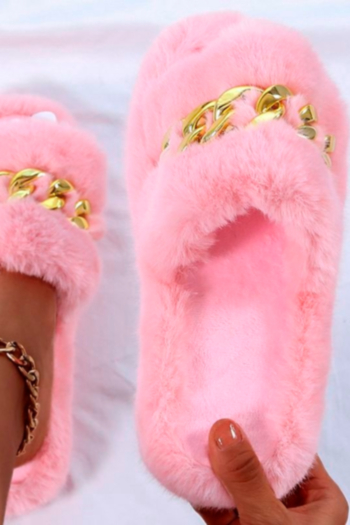 autumn new gold chain decor peep toe stylish home fur slippers
