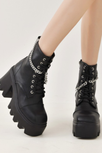 Winter new solid color PU thick-bottom zip-up side metal-chain decor stylish casual midi-upper boots (Heel height:7CM)