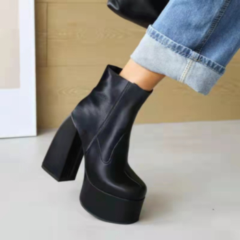 Winter new solid color PU high-heel low-upper stylish boots (Heel height:10.5CM)