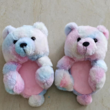 winter multicolor tie-dye plush home adorable warm teddy bear slippers (suitable for eur35-eur41)