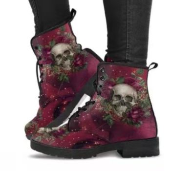 Autumn new three colors skull flower batch printing lace-up stylish punker style boots