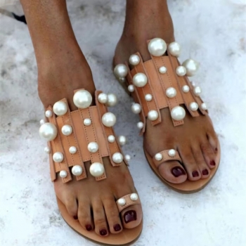 summer new two colors pearl decor peep toe stylish flat slippers