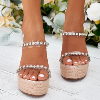 summer new two colors rhinestone decor transparent peep toe woven thick bottoms stylish sandals (front heel height:4cm,back heel height:14cm)