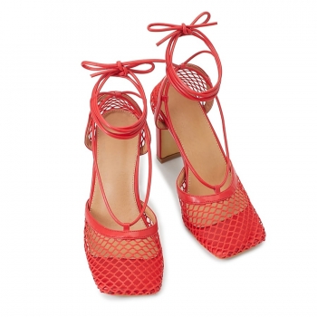 Summer new 4 colors solid color fishnet square toe strappy stylish high-heel sandals(heel height:9.5cm)