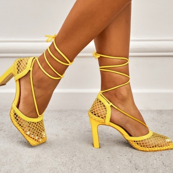 Summer new 4 colors solid color fishnet square toe strappy stylish high-heel sandals(heel height:9.5cm)
