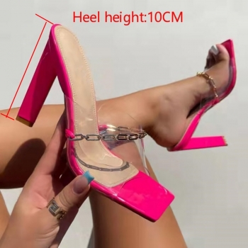 Summer new three colors transparent upper metal-chain design square toe stylish high-heel sandals (heel height:10cm)