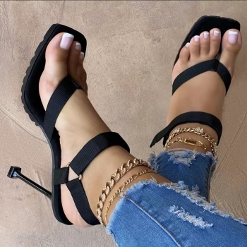 Summer new two colors square toe triangle shape metal-ring linked velcro stylish high-heel sandals (heel height:10cm)