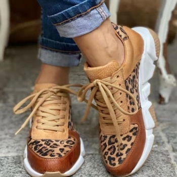 spring & autumn new leopard printing leather spliced lace-up thick bottom stylish sneakers