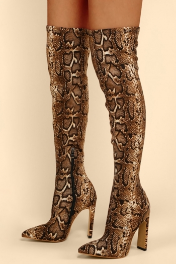 Winter new snake pattern pointed side zip-up stylish over knee high-heel boots(heel height:11.5cm, shaft height:54cm)