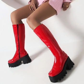 EUR35-EUR39 winter new 3 colors thick bottom side zip-up high-upper stylish high-heel boots(front heel height:4cm, back heel height:8cm, shaft height:35cm)