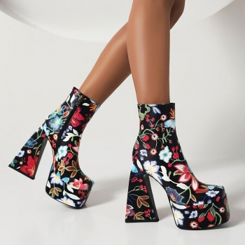 EUR34-EUR39 autumn & winter new 3 colors floral printing stylish high-heel boots(front heel height:5cm, back heel height:14cm, shaft height:13cm)